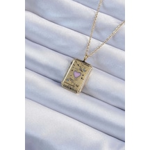 316l Çelik Zincir Eskitme Altın Renk Pembe Mineli Kalp Figürlü Tarot Kolye Çok Renkli
