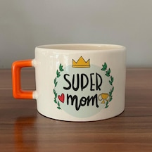 Super Mom Yazı Baskılı Turuncu Kulplu C Fincan