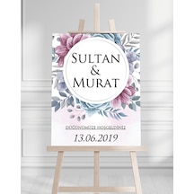 Söz Nişan Düğün İçin 50x70 Karşılama Panosu - Renkli Çiçek Temalı Beyaz