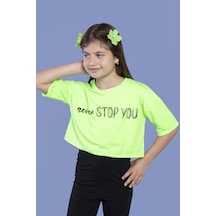 Toontoy Kids Toontoy Kız Çocuk Baskılı Düşük Kol Crop Tişört Neon Yeşil