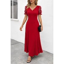 Efnaz Style Kadın Kısa Kollu V Yakalı Uzun Janjan Elbise Kırmızı