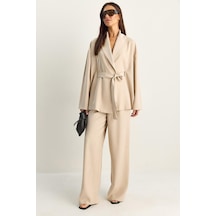 Shade Kadın Kuşaklı Kimono Beli Lastikli Cep Detaylı Bol Palazzo Pantolon Modal Takım 9422 60286156 - Bej