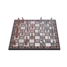 Büyük Boy Metal Osmanlı Bizans Satranç Takımı Antik Ve Katlanır Sedef Desenli Mdf Ahşap Satranç Tahta 43x43 Cm.