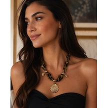Leopar Desenli Fular Kolye Gold Deniz Kabuğu Ve Charm Detaylı 40-45 Cm Renkli
