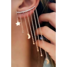Ay Yıldız Figürlü Gümüş Rose Earcuff Tek Küpe