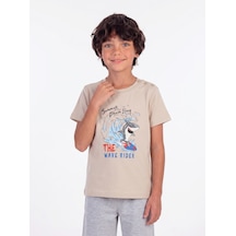 Onloox Erkek Bej Erkek Çocuk Bej Pamuklu Bisiklet Yaka Kısa Kollu Sörfçü Köpek Balığı Baskılı Tişört 1.5-5 Yaş