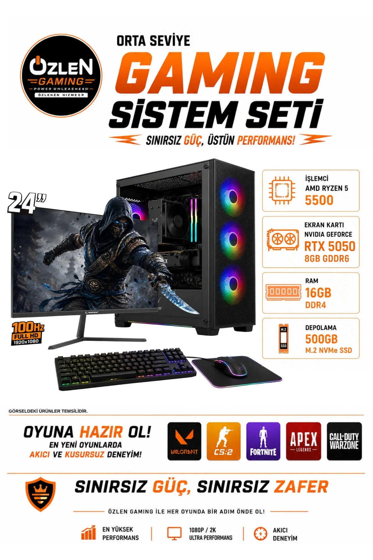 Özlen X3 R5 5500 16 GB 500 GB SSD RTX 5050 8 GB 24''  W11P Masaüstü Oyuncu Bilgisayarı