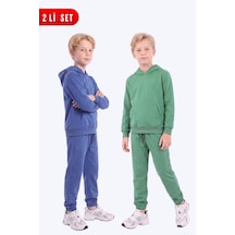 Panios Kids Erkek Çocuk 2'li Düz Kanguru Cepli Kapüşonlu Eşofman Takımı Sax Mavisi-yeşil