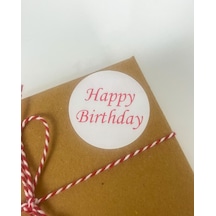Happy Birthday Kırmızı ince el Yazılı 5 cm Yuvarlak Yapışkanlı Etiket 100 Adet