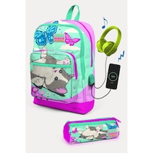 Coral High Kids Su Yeşili Pembe Kedi Desenli Usb'li 2'li Okul Çanta Seti - Kız Çocuk