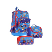 Kaukko Kids Üçlü İlkokul 1.2.3.4. Sınıf Okul Çanta Seti - Mavi Kırmızı - Erkek Çocuk - Silikon Aksesuarlı Mavi - Kırmızı