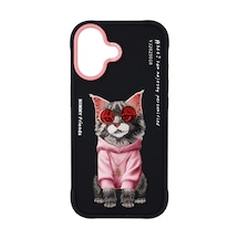 Apple Uyumlu iPhone 17 3d Gerçek Nakış İşlemeli Zincir Ve Gözlük Detaylı Maine Coon Kedi Desenli Kılıf Şeffaf