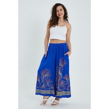 Qashmir Kadın Desenli Bol Paça Etekli Pantolon - Mavi-mavi