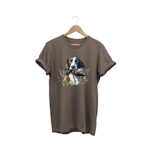 Avcılık Av Köpeği Ve Ördek Baskılı %100 Pamuk Regular Fit Bisiklet Yaka Premium Kahverengi T-shirt Kahverengi