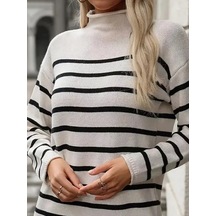 Nnstartshopping Kadın Uzun Kollu Yarım Balıkçı Yaka Çizgilitriko Mini Boy Elbise Kemersiz BEYAZ