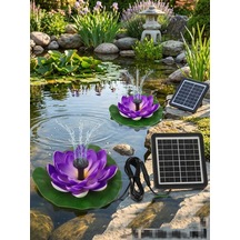 Güneş Enerjili Mor Lotus Çiçekli Solar Fıskiye - Dekoratif Bahçe Süs Havuzu - Havuz Süsü