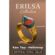 Erilsa Doğal Kan Taşı Heliotrop Yüzük Kalın Tımbıl Kasa Gold Renk Ayarlanabilir Yeşil