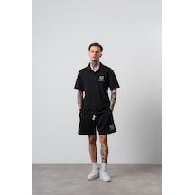 Erkek Rocket Club Yazılı Regular Fit T-shirt Şort Takım Siyah