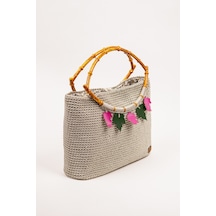Fabric Craft Bag Gri Tığ Dokulu Bambu Saplı El Çantası Gri Gri