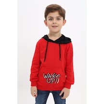 Toontoy Kids Toontoy Erkek Çocuk Relax Fit Kapüşonlu Cepli Renk Bloklu Baskılı Sweatshirt - 2 İplik Kırmızı
