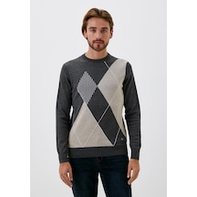 Erkek Triko Koyu Grimelanj Bisiklet Yaka Koyu Grimelanj Baklava Desenli Slim Fit Pamuklu Kazak Ncs Jeans 3728 Koyu Gri