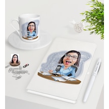 Kişiye Özel Bayan Spiker Karikatürlü Beyaz Defter Kalem Türk Kahv