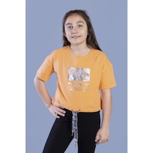 Toontoy Kids Toontoy Kız Çocuk Crop Model Kordon Detaylı Varak Baskılı Tişört Turuncu
