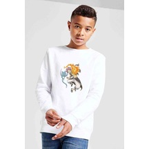 Tshirthane Anime Tail Natsu & Happy Baskılı Unisex Çocuk Beyaz Sweatshirt Beyaz