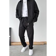 Siyah Beli Lastikli Dokulu Baggy Pantolon Siyah