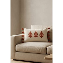 Buldan İşi Ağaç Motifli Kabartmalı Punch Nakışlı Püsküllü Pamuk Gizli Fermuarlı Dikdörtgen Kırlent Kılıfı 35x55 Cm Kiremit