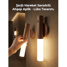 Kablosuz Şarjlı Led Ahşap Renk Lüks Aplik Hareket Sensörlü Günışığı Duvar Lambası
