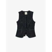 Koton Slim Fit Düğmeli Cepli Bisiklet Yaka Çizgili Blazer Yelek Lacivert Çizgili 6sak20143ew 7s2