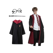 Harry Potter Gryffindor Kapişonlu Çocuk Kostüm + Asa + Gözlük Seti 7-8 Yaş Kırmızı