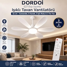 Dordoi E27 Duy Uyumlu Işıklı Tavan Vantilatörü 52 Cm Kumandalı, 6 Kanatlı, 3 Işık Modu & 3 Fan Hızı Enerji Sınıfı F 01G Taba