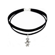 Siyah Renk Kadife -Süet Ikili Ayıcık Choker Kolye Kahverengi