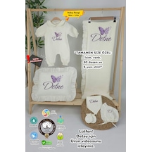 Gros Shop Müslin Yeni Doğan 4katlı Organik %100pamuk Kişiye Özgü Nakışlı Hastane Çıkış Seti-çoklu Kelebek Ekru-1