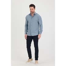 Cool Tarz Erkek Kendinden Çizgi Detaylı Slim Fit Dar Kalıp Uzun Kol Gömlek Mavi Mavi