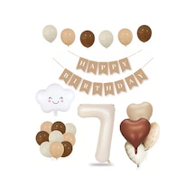 7 Yaş Retro Doğum Günü Seti Krem Rakam Folyo, Banner, Kalp Folyo Ve Lateks Balon