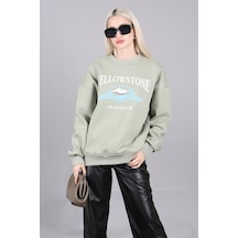 Mint Yeşili Bisiklet Yaka Baskılı Sweatshirt Mg1571