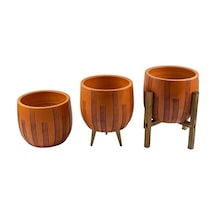 Ev Dekorasyon Aksesuar Dik Çizgi Desenli Toprak Saksı Saksılık Salon Çiçeklik Üçlü Set - 19 Cm -