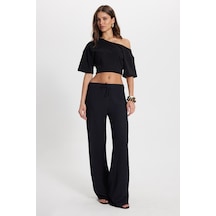 Tudors Kadın Slim Fit Dar Kesim Beli Lastikli Büzgülü İspanyol Paça Siyah Pantolon-50841