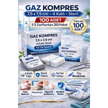 Kompres 7,5x7,5 Cm 4 Katlı Steril 100 Adet Tel Tel 5 Li Zarflardan 20 Paket 1 Kutu