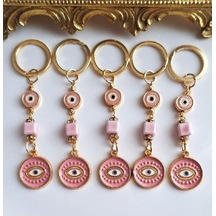 Hediyelik 5'li Zirkon Taşlı Nazar Boncuklu Pembe Şık Anahtarlık 10,5 Cm