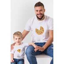 Pizza Ve Dilimi Beyaz Baba Oğul Kız Tişört Zıbın Kombini