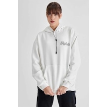 Kadın Oversize Kapüşonlu Cepli Tupac Baskılı 3 İplik Pamuklu Hoodie Sweatshirt - Beyaz