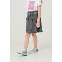 Kız Çocuk Sol Pileli Kot Etek 2955 Gri