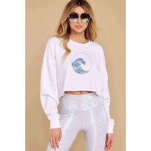 Watercolor Wave Dalga Baskılı Crop Kadın Beyaz Sweatshirt