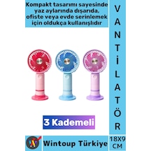 Vantilatör Kompakt Sessiz Hafif Kablosuz Taşınabilir Usb Şarjlı 3 Kademeli Masa El Fanı Vantilatör