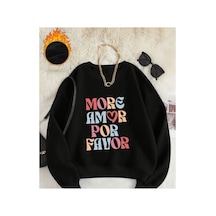 Herkesemoda More Amor Baskı Desen Detaylı Bisiklet Yaka Sweatshirt Siyah