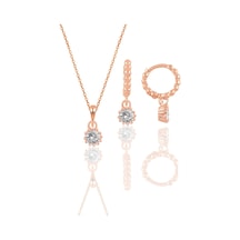 Gümüş Rose Zirkon Taşlı Kolye Ve Küpe İkili Set Gümüş Rose Zirkon Taşlı Kolye Ve Küpe İkili Set